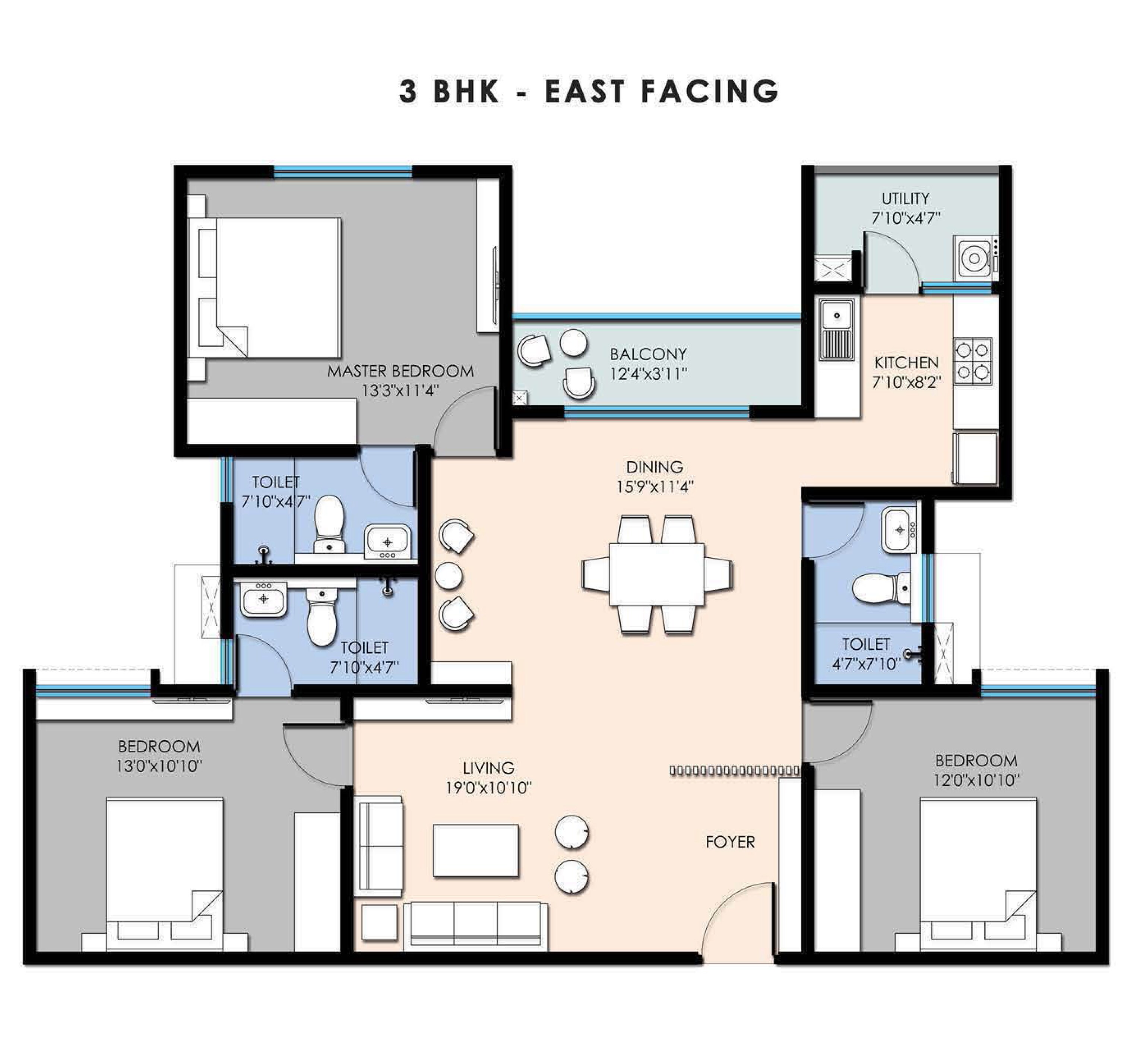 Floor plan of 3 BHK 1601 Sq. Ft. Apartment in SBR Pravanika, Bangalore