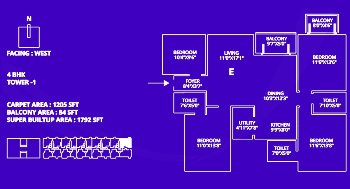 Floor plan of 4 BHK 1792 Sq. Ft. Apartment in SBR Horizon, Bangalore