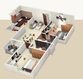 Floor plan of 2 BHK 686 Sq. Ft. Apartment in SBR Keerthi, Bangalore
