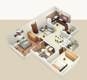 Floor plan of 2 BHK 729 Sq. Ft. Apartment in SBR Keerthi, Bangalore