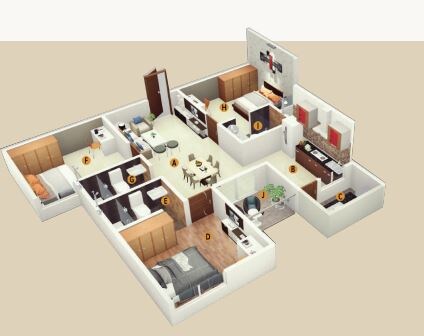 Floor plan of 3 BHK 939 Sq. Ft. Apartment in SBR Keerthi, Bangalore