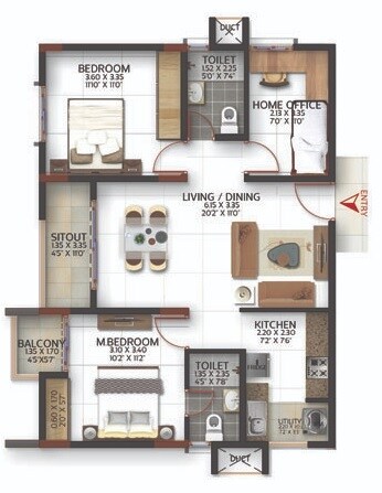 Floor plan of 2 BHK 1076 Sq. Ft. Apartment in SBR Keerthi Prime, Bangalore