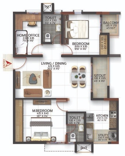 Floor plan of 2 BHK 1160 Sq. Ft. Apartment in SBR Keerthi Prime, Bangalore
