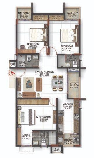 Floor plan of 3 BHK 1250 Sq. Ft. Apartment in SBR Keerthi Prime, Bangalore