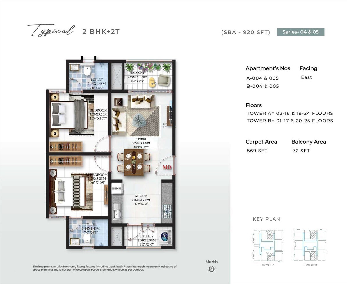 Floor plan of 2 BHK 920 Sq. Ft. Apartment in SBR Minara, Bangalore