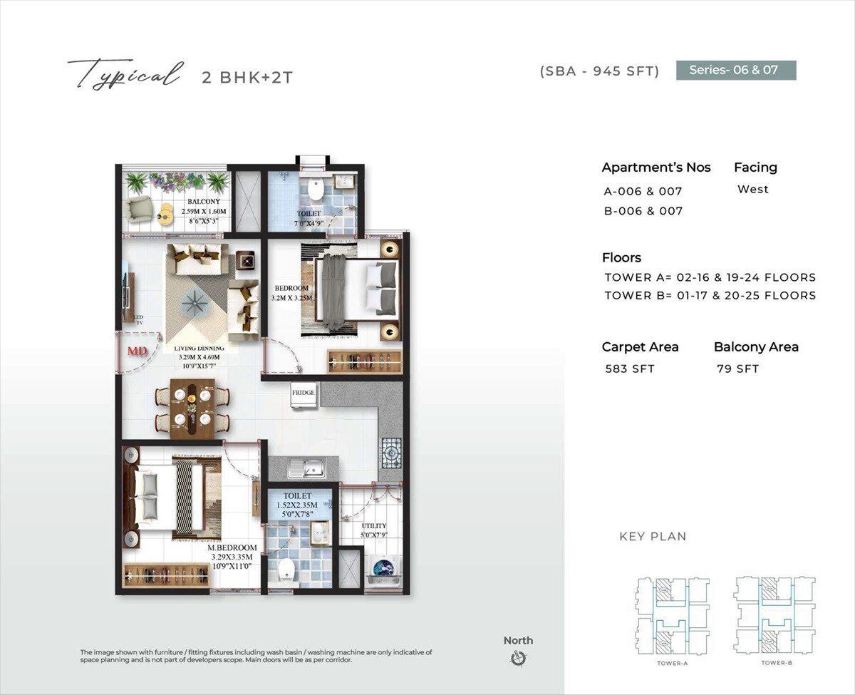 Floor plan of 2 BHK 945 Sq. Ft. Apartment in SBR Minara, Bangalore