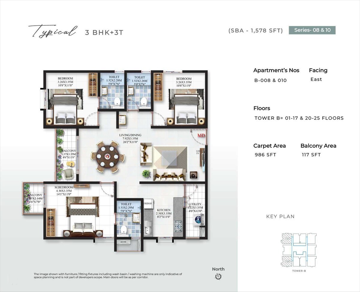 Floor plan of 3 BHK 1578 Sq. Ft. Apartment in SBR Minara, Bangalore