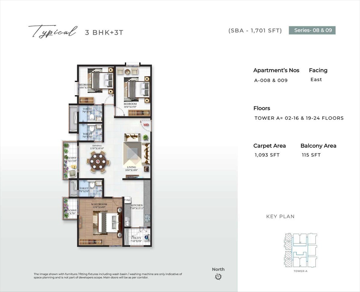 Floor plan of 3 BHK 1701 Sq. Ft. Apartment in SBR Minara, Bangalore