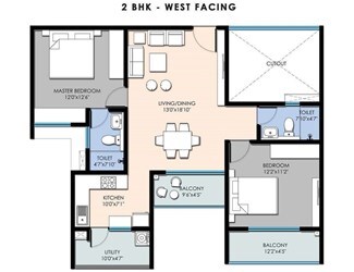 Floor plan of 2 BHK 1240 Sq. Ft. Apartment in SBR Pravanika, Bangalore