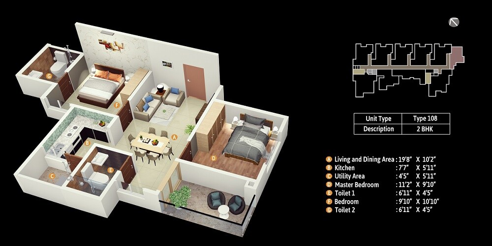Floor plan of 2 BHK 1216 Sq. Ft. Apartment in SBR Tejas, Bangalore