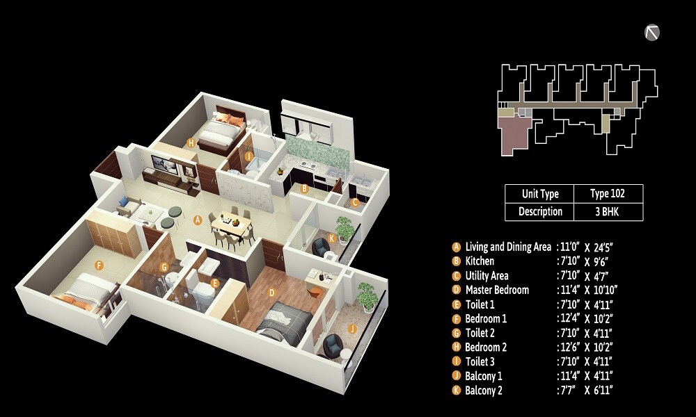 Floor plan of 3 BHK 1455 Sq. Ft. Apartment in SBR Tejas, Bangalore