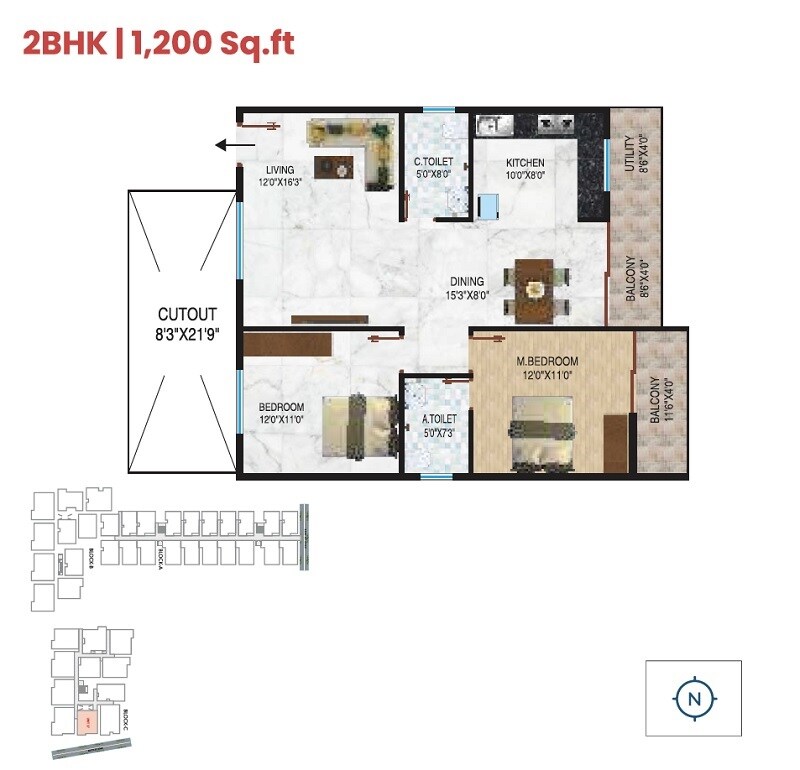 Floor plan of 2 BHK 1200 Sq. Ft. Apartment in SDMV Elite, Bangalore