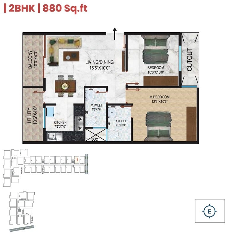 Floor plan of 2 BHK 880 Sq. Ft. Apartment in SDMV Elite, Bangalore