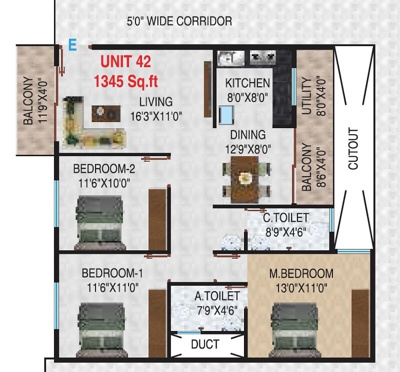 Floor plan of 3 BHK 1345 Sq. Ft. Apartment in SDMV Elite, Bangalore