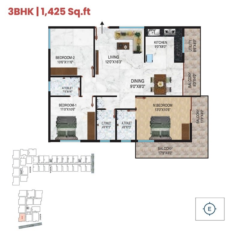 Floor plan of 3 BHK 1425 Sq. Ft. Apartment in SDMV Elite, Bangalore