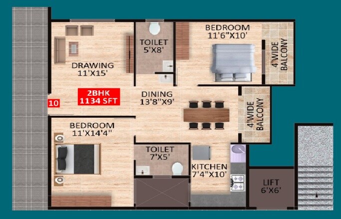 Floor plan of 2 BHK 1134 Sq. Ft. Apartment in SDR HMT Sri Gayathri Serenity, Bangalore