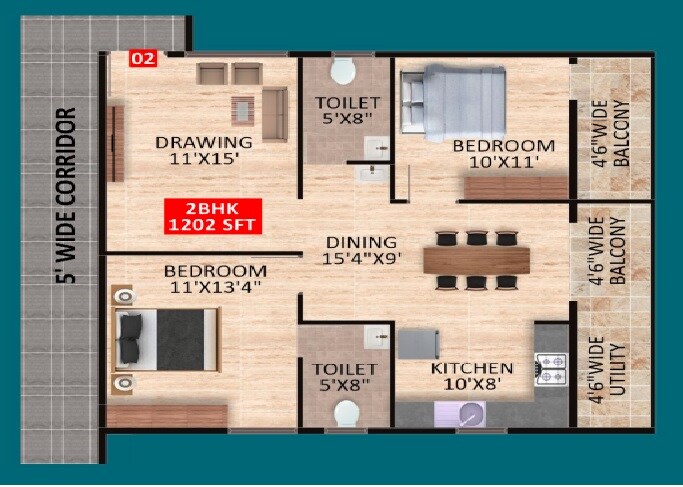 Floor plan of 2 BHK 1202 Sq. Ft. Apartment in SDR HMT Sri Gayathri Serenity, Bangalore