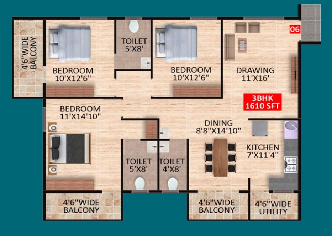 3 BHK 1610 Sq. Ft. Apartment