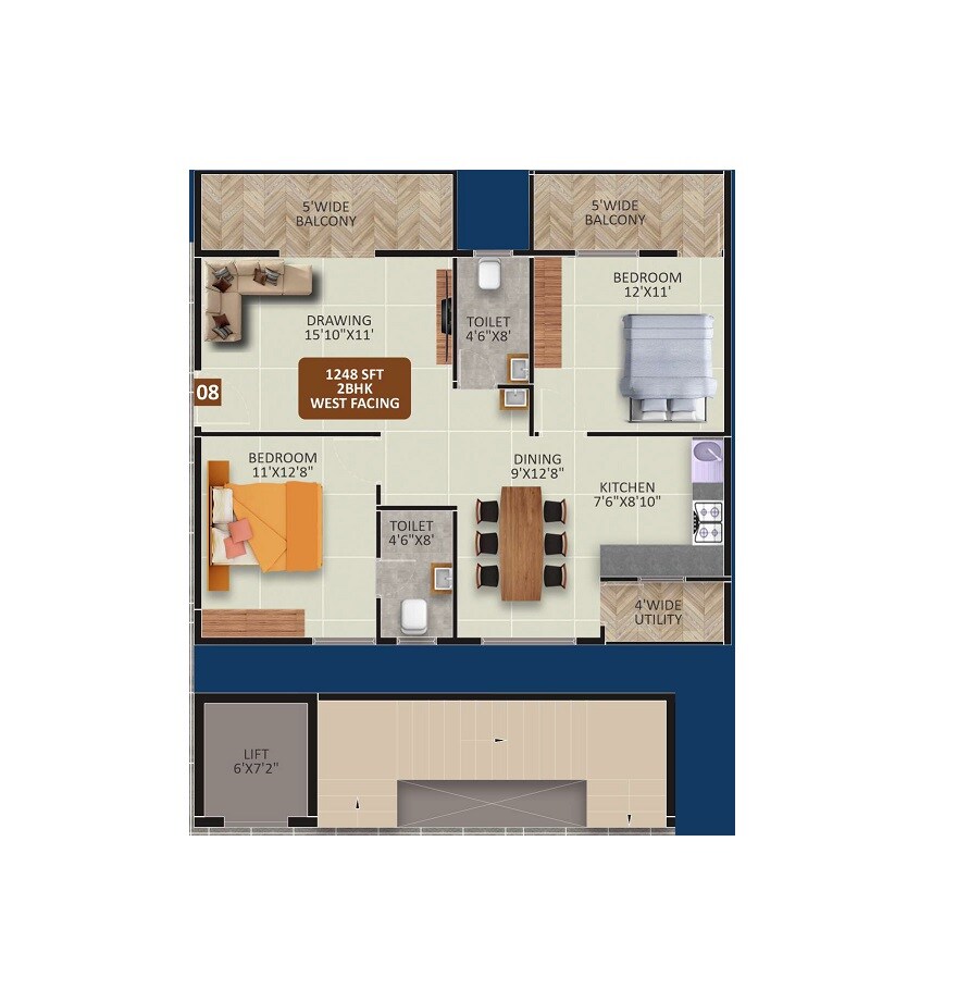 Floor plan of 2 BHK 1248 Sq. Ft. Apartment in SDR Sri Gayathri Avenue, Bangalore