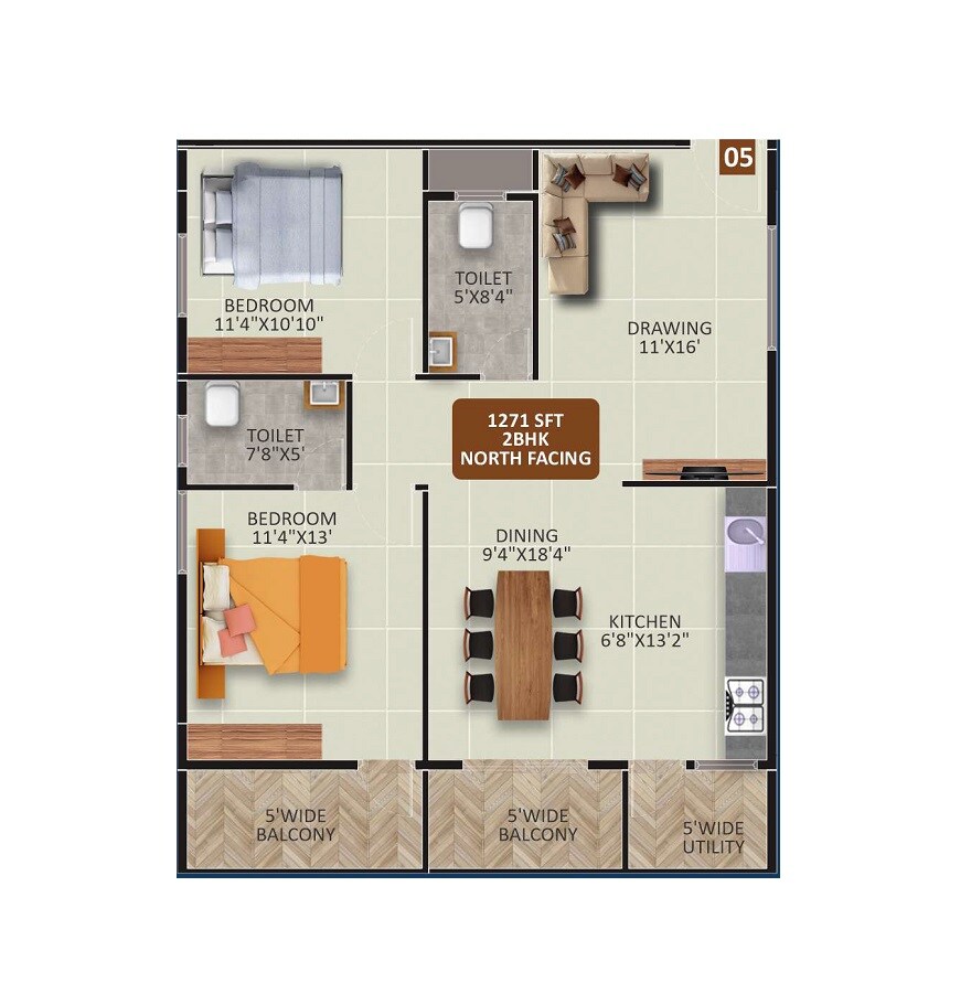 Floor plan of 2 BHK 1271 Sq. Ft. Apartment in SDR Sri Gayathri Avenue, Bangalore