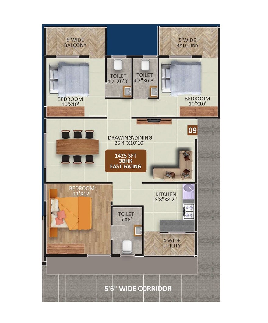 Floor plan of 3 BHK 1425 Sq. Ft. Apartment in SDR Sri Gayathri Avenue, Bangalore