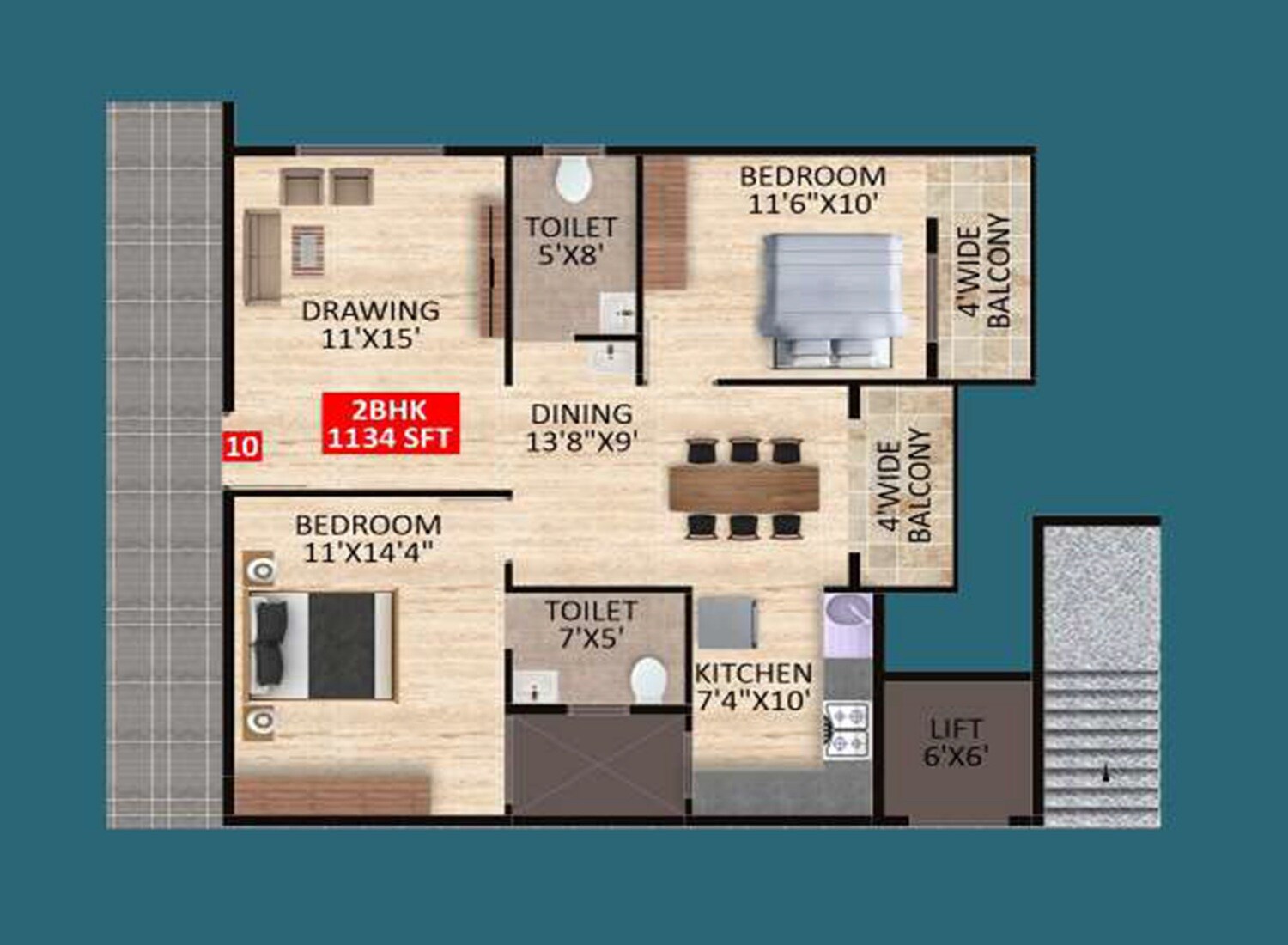 2 BHK 1134 Sq. Ft. Apartment