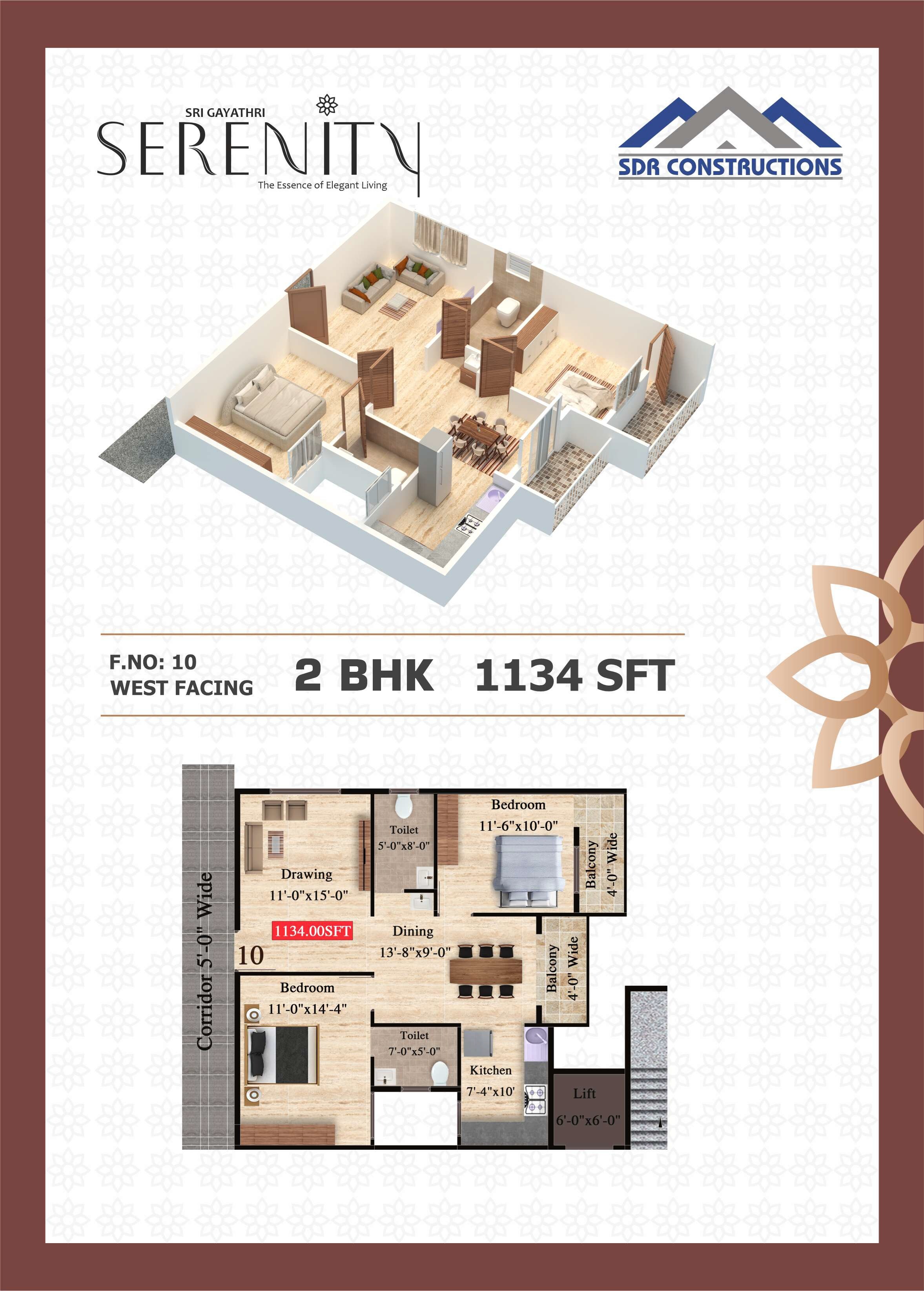 Floor plan of 2 BHK 1134 Sq. Ft. Apartment in SDR Sri Gayatri Serenity, Bangalore