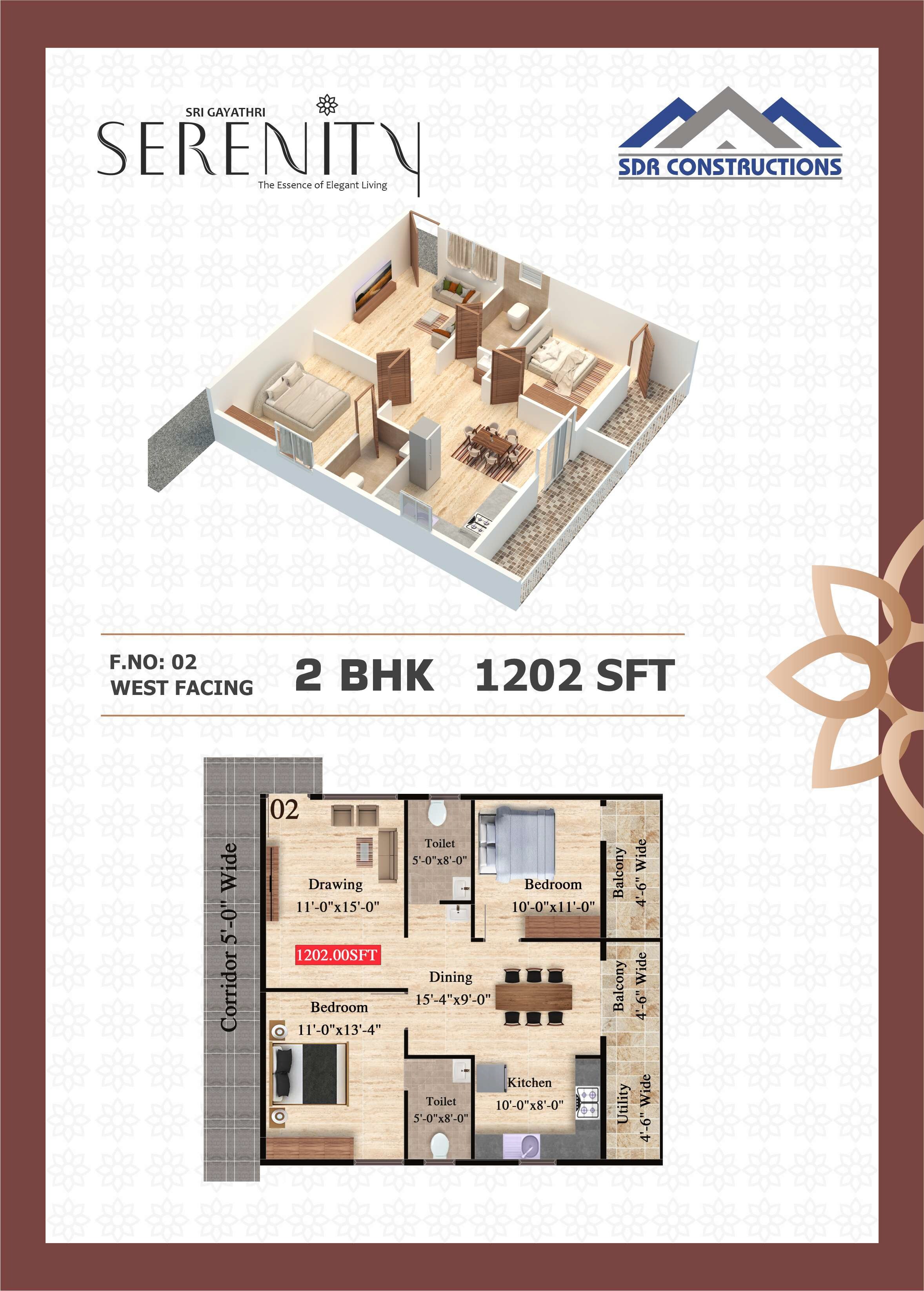 Floor plan of 2 BHK 1202 Sq. Ft. Apartment in SDR Sri Gayatri Serenity, Bangalore