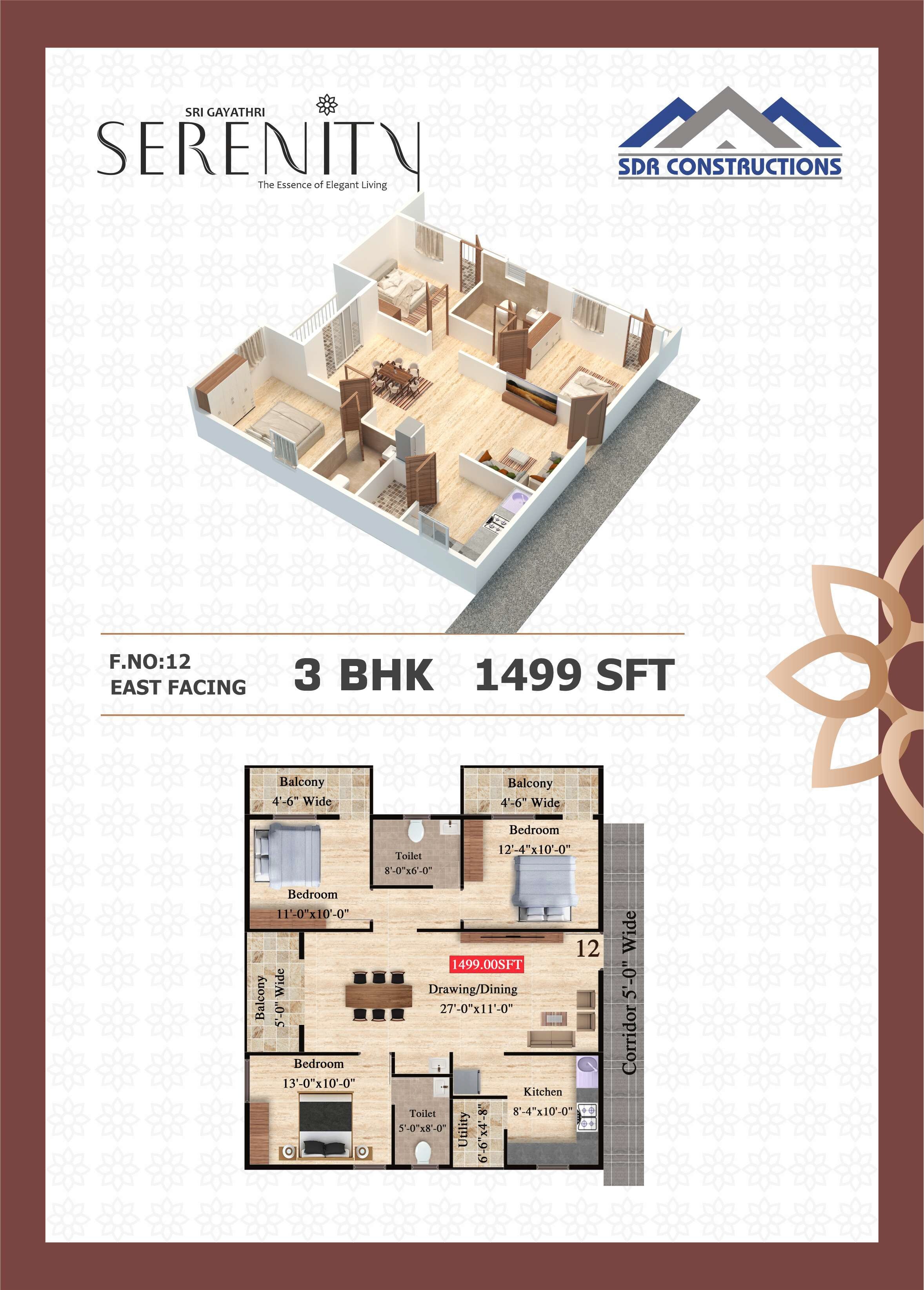 Floor plan of 3 BHK 1499 Sq. Ft. Apartment in SDR Sri Gayatri Serenity, Bangalore