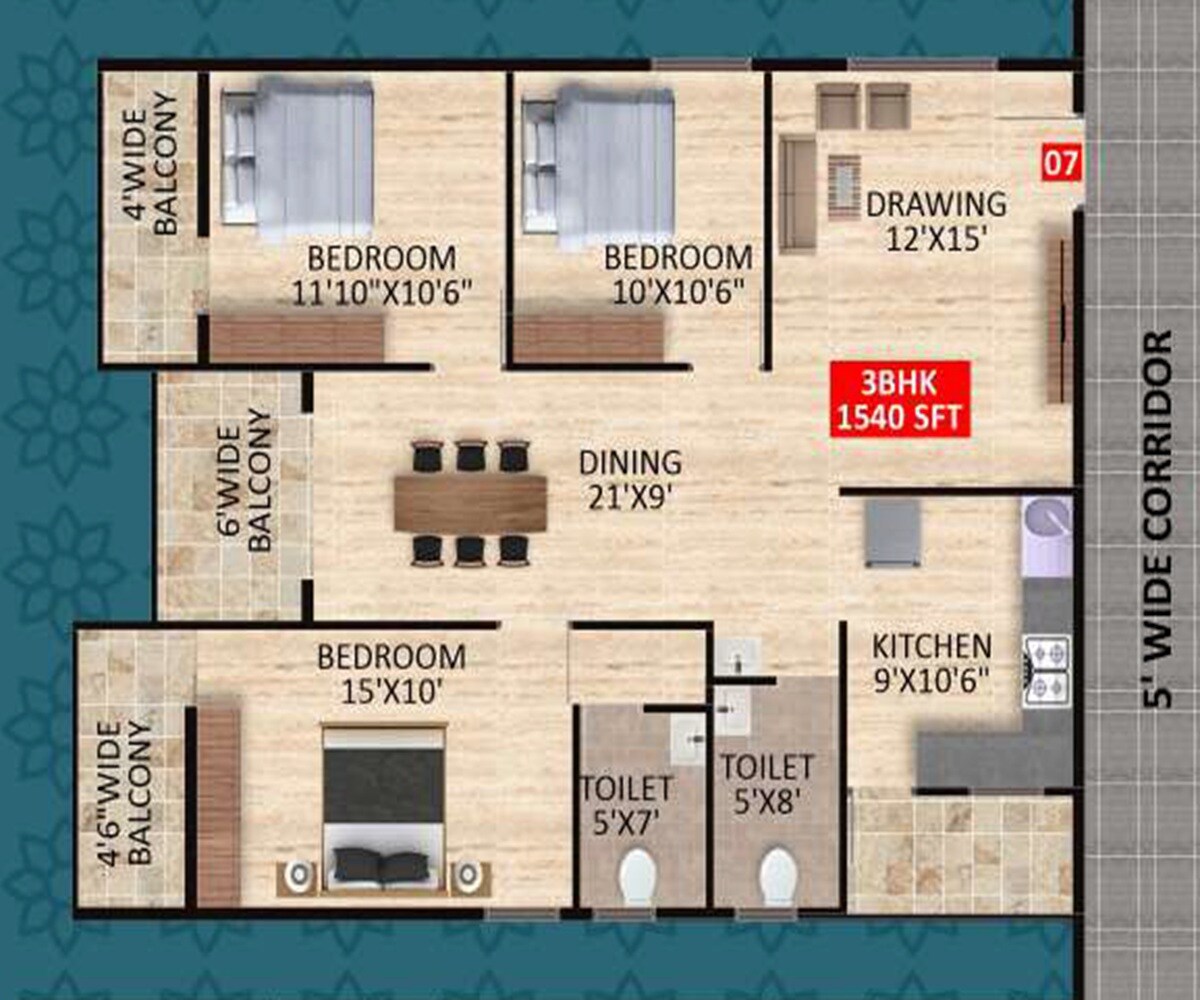 Floor plan of 3 BHK 1540 Sq. Ft. Apartment in SDR Sri Gayatri Serenity, Bangalore