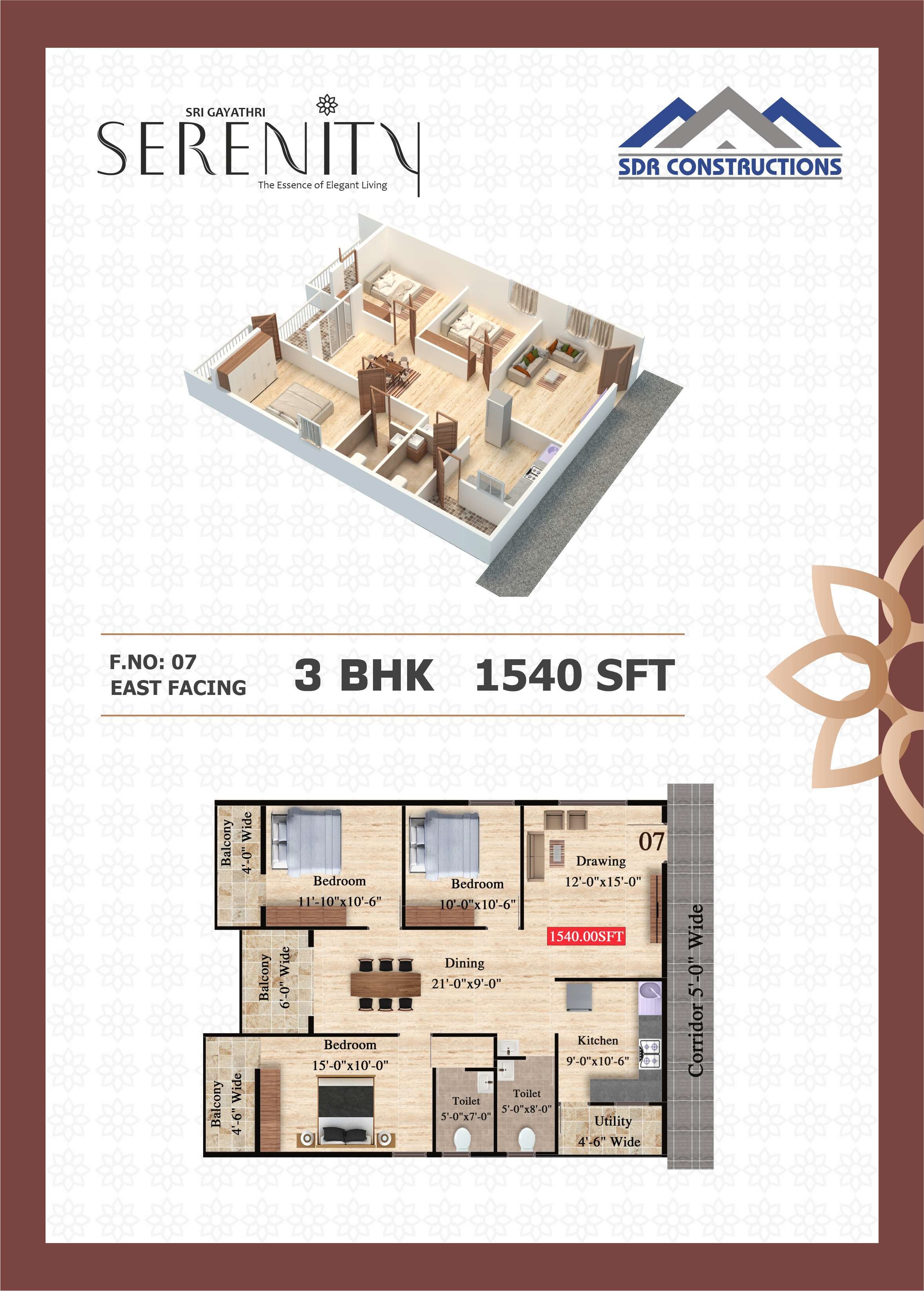 Floor plan of 3 BHK 1540 Sq. Ft. Apartment in SDR Sri Gayatri Serenity, Bangalore
