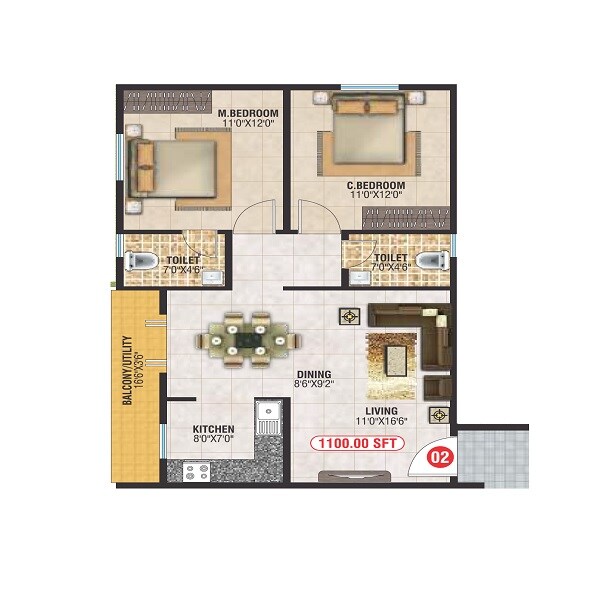 Floor plan of 2 BHK 1100 Sq. Ft. Apartment in SDS Crystal Paradise, Bangalore