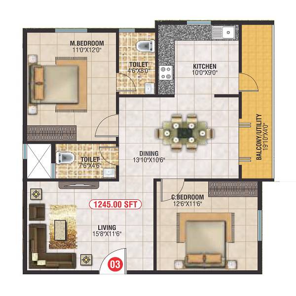 Floor plan of 2 BHK 1245 Sq. Ft. Apartment in SDS Crystal Paradise, Bangalore