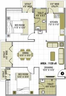 Floor plan of 2 BHK 1120 Sq. Ft. Apartment in SE Sunny Acura, Bangalore