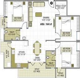 Floor plan of 3 BHK 1645 Sq. Ft. Apartment in SE Sunny Acura, Bangalore