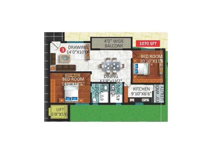 Floor plan of 2 BHK 1070 Sq. Ft. Apartment in Sekhar Casa Bianca, Bangalore