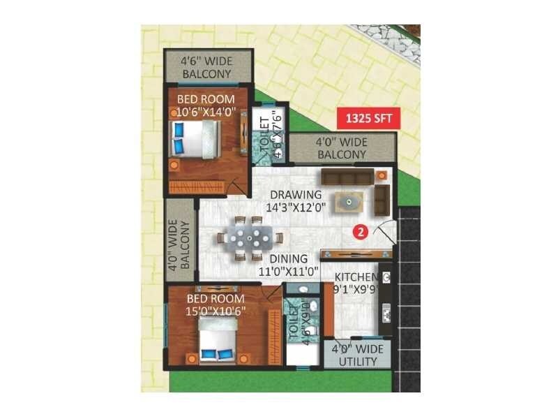 Floor plan of 2 BHK 1325 Sq. Ft. Apartment in Sekhar Casa Bianca, Bangalore