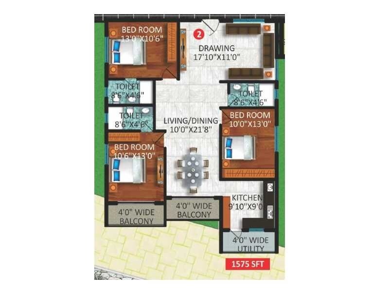 Floor plan of 3 BHK 1575 Sq. Ft. Apartment in Sekhar Casa Bianca, Bangalore