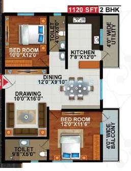 Floor plan of 2 BHK 1120 Sq. Ft. Apartment in Sekhar Hyde Park, Bangalore