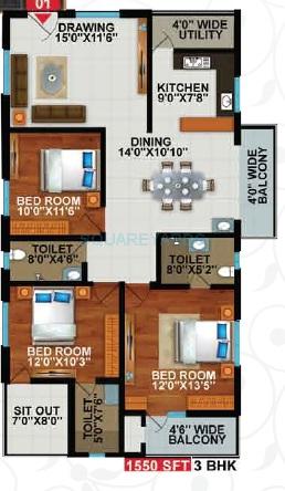 Floor plan of 3 BHK 1550 Sq. Ft. Apartment in Sekhar Hyde Park, Bangalore