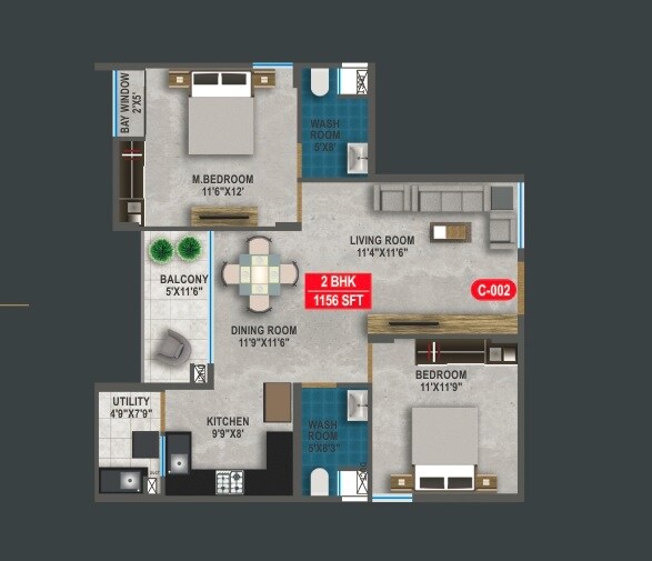 Floor plan of 2 BHK 1156 Sq. Ft. Apartment in Sekhar Olympus, Bangalore