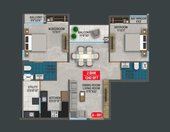Floor plan of 2 BHK 1242 Sq. Ft. Apartment in Sekhar Olympus, Bangalore