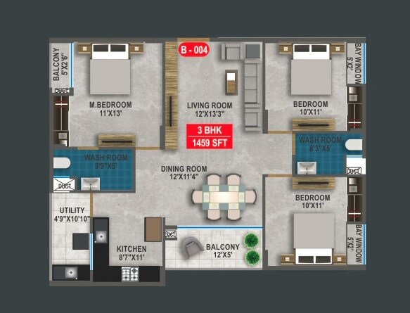Floor plan of 3 BHK 1459 Sq. Ft. Apartment in Sekhar Olympus, Bangalore
