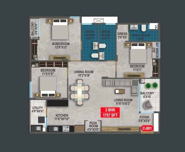 Floor plan of 3 BHK 1757 Sq. Ft. Apartment in Sekhar Olympus, Bangalore