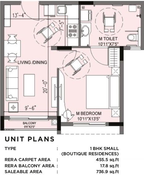 Floor plan of 1 BHK 737 Sq. Ft. Apartment in Serene The Virtuoso, Bangalore