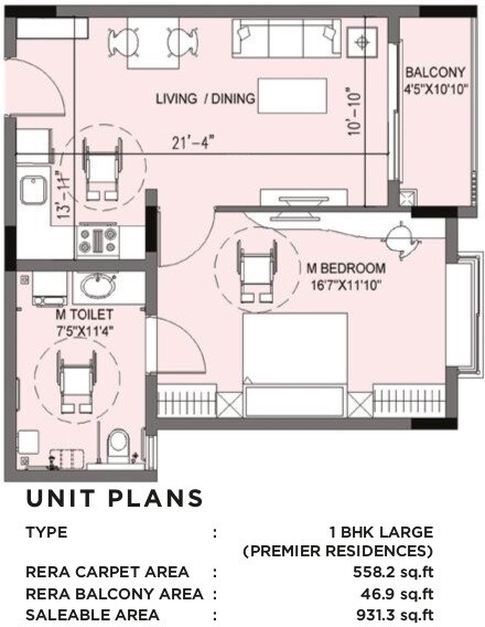 Floor plan of 1 BHK 931 Sq. Ft. Apartment in Serene The Virtuoso, Bangalore