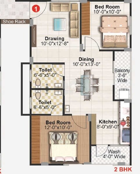 Floor plan of 2 BHK 901 Sq. Ft. Apartment in Seven Hills Sreepadam Grand, Bangalore