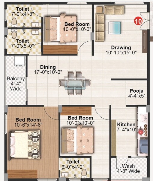 Floor plan of 3 BHK 1270 Sq. Ft. Apartment in Seven Hills Sreepadam Grand, Bangalore