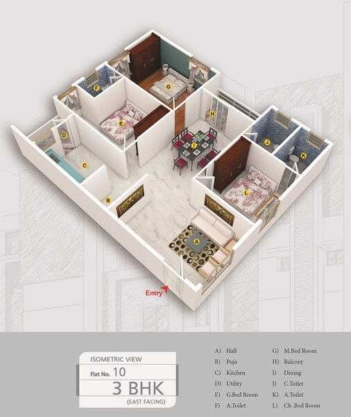 Floor plan of 3 BHK 1434 Sq. Ft. Apartment in Seven Hills Sreepadam Grand, Bangalore