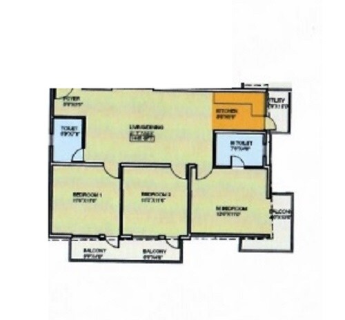 Floor plan of 3 BHK 1445 Sq. Ft. Apartment in SG Vanya Palace, Bangalore